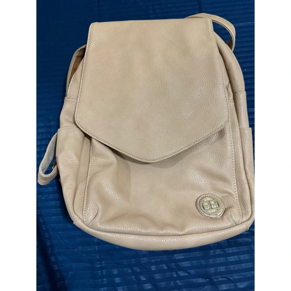 Beige Pebbled Faux Leather Backpack Magnetic Flap Gold Hardware Tan Bag